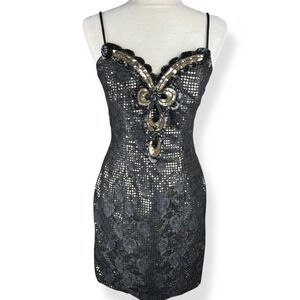 Loralie Vintage Black Gold Sequin Mini Dress Womens Size 10 Party Hollywood Glam